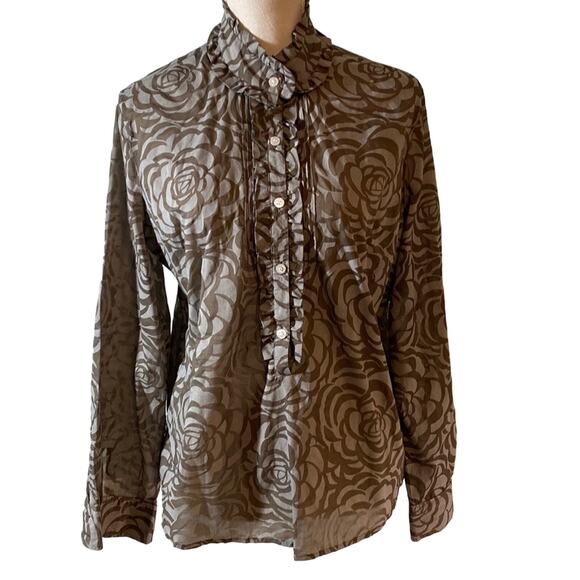 New York & Company Brown and Gray Button Down Semi-Sheer Blouse Size Large - Picture 1 of 6